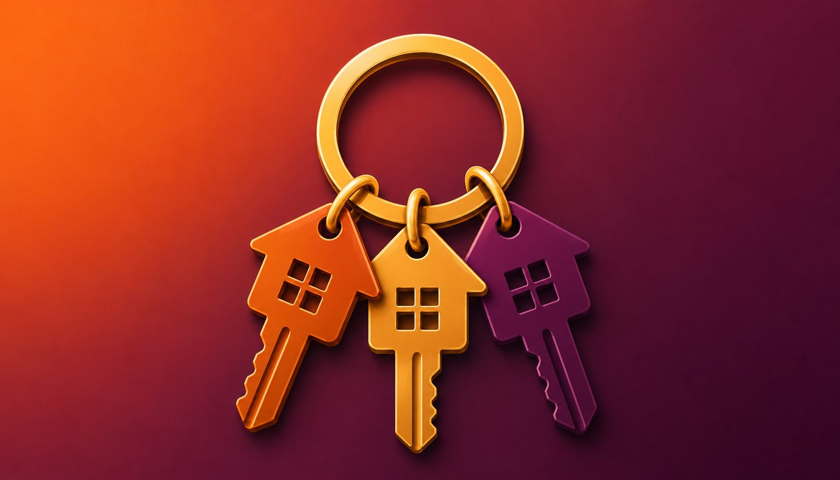 Editorial illustration of five small house icons connected by a single glowing thread against a night sky, forming a constellation, representing a connected multi-property portfolio