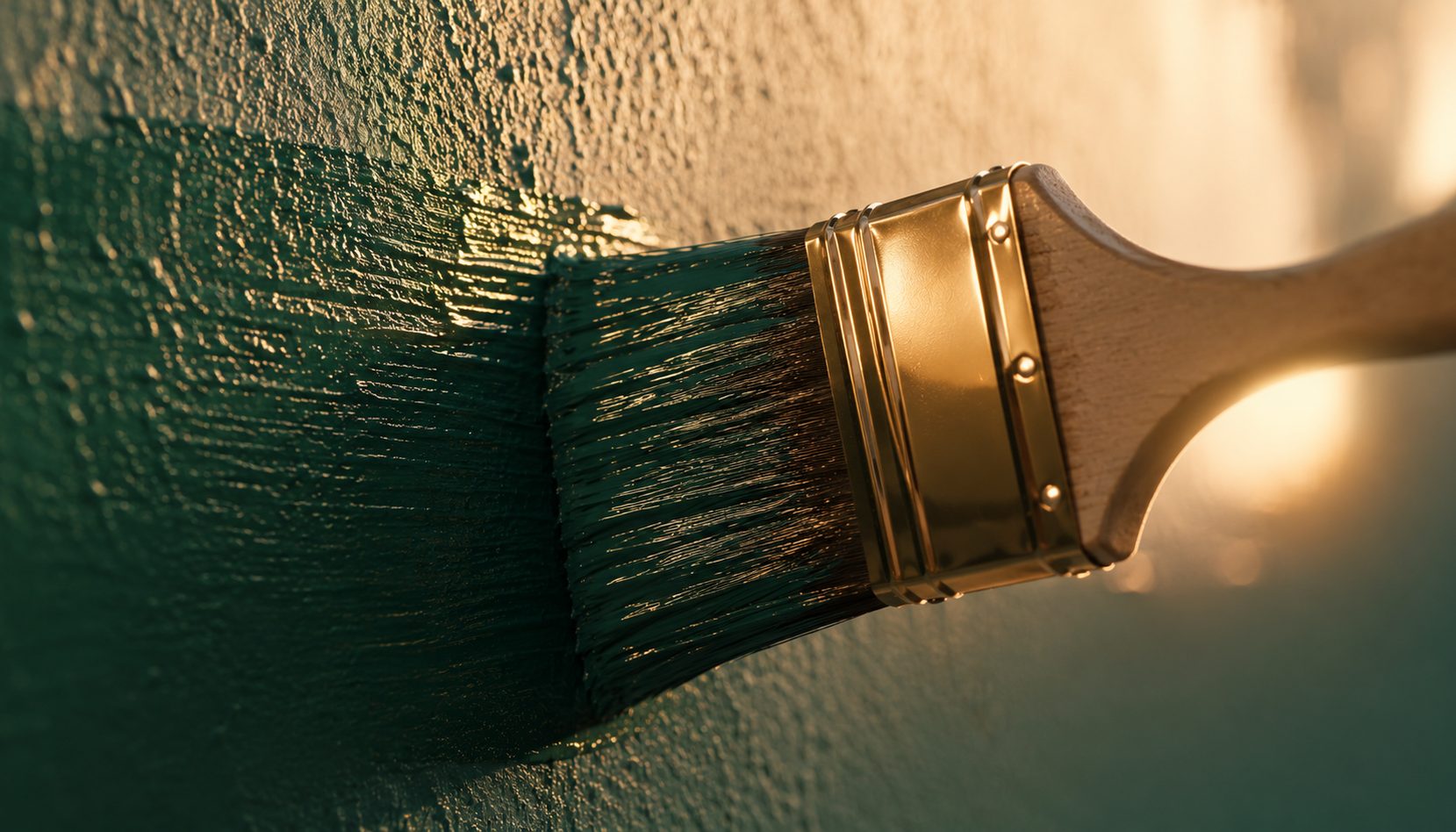 Editorial illustration of a paintbrush sweeping a wash of colour and a small logo mark across a plain house silhouette, transforming it from outline to fully branded